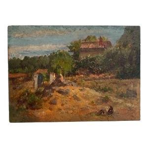 19th Century French Double Sided Impressionist Oil Painting on Board: Landscape