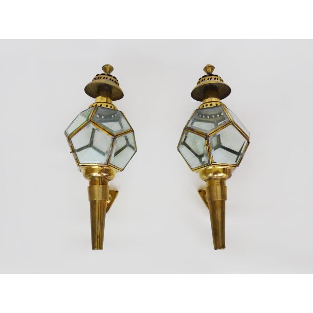 1960s Vintage Carriage Lantern Wall Sconces in Brass and Glass, 1960s, Set of 2 For Sale - Image 5 of 11