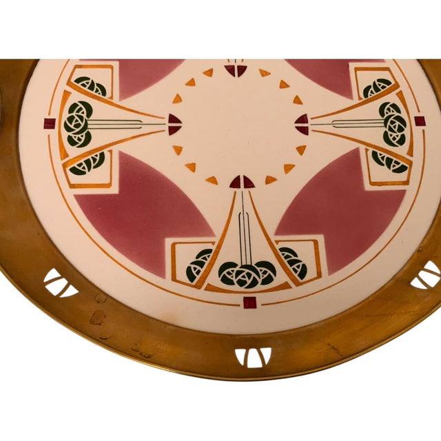 Antique German Jugendstil Wächtersbach Attributed Ceramic & Pierced Brass Tray C. 1905-1920 For Sale In Palm Springs - Image 6 of 9