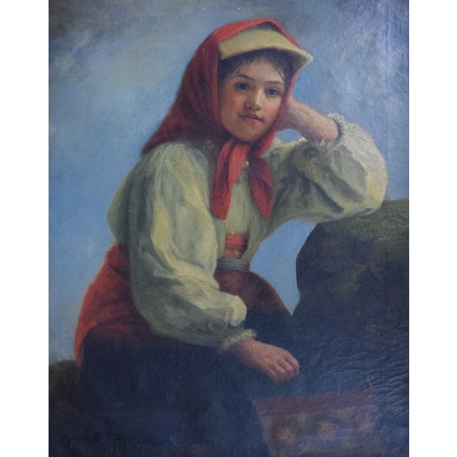 Large 19th Century portrait depicting a young woman in traditional attire seated beside a rock with a traditionally...