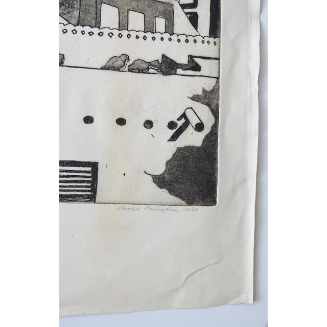 1968 etching on heavy paper of modernist cityscape with pigeons. Signed Carolyn Covington, dated and titled A La Oracion...
