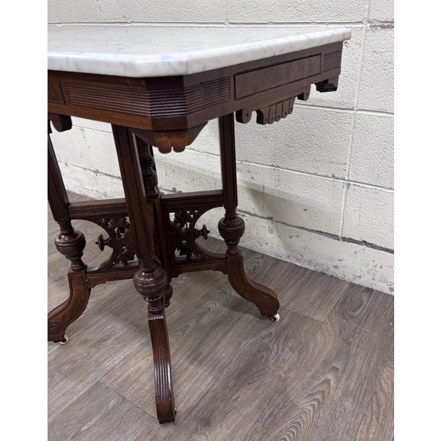 Antique Victorian Eastlake Renaissance Revival Marble Walnut Center Parlor Table For Sale - Image 10 of 13