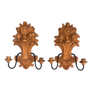 Vintage Italian Rustic Carved Wood Two Arm Candle Wall Sconces - A Pair