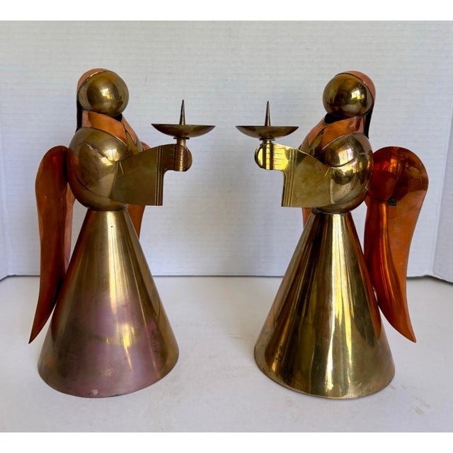 Pair of Mid-Century Brass & Copper Angel Candleholders For Sale - Image 4 of 12