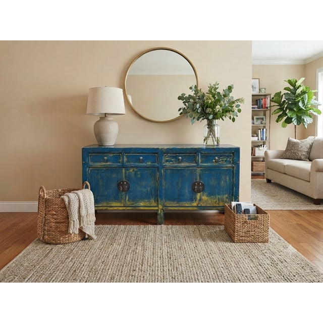 Cornflower Blue Distressed Bright Blue Oriental Sideboard Credenza Console Table Cabinet For Sale - Image 8 of 18