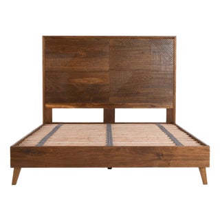 Deco Geo Carved Wood Queen Bed Frame For Sale