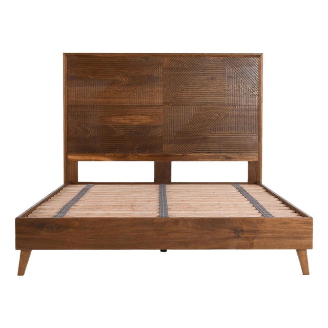 Deco Geo Carved Wood Queen Bed Frame For Sale