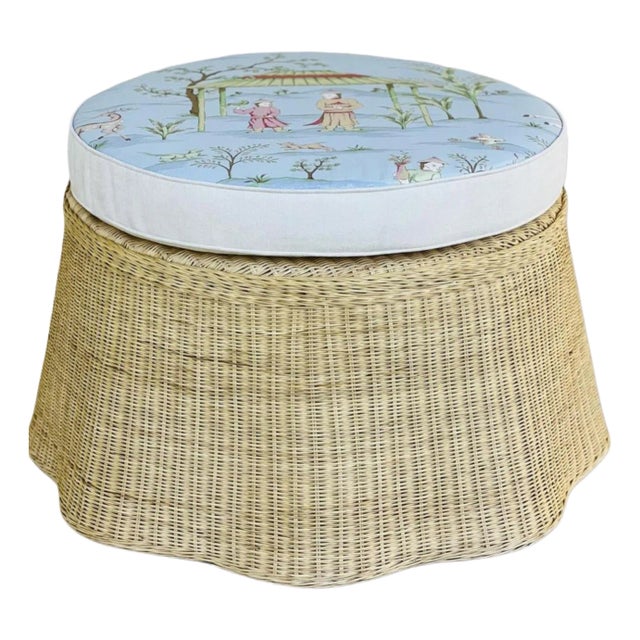 Upholstered Top Wavy Wicker/Rattan Coffee Table in Thibaut “ Ting Yuan” For Sale