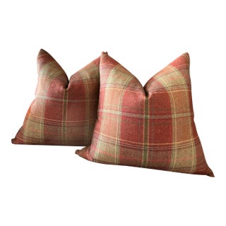 Kravet Wool Plaid “Shetland” Plaid in Russet Down Filled Pillows- A 22" Pair For Sale