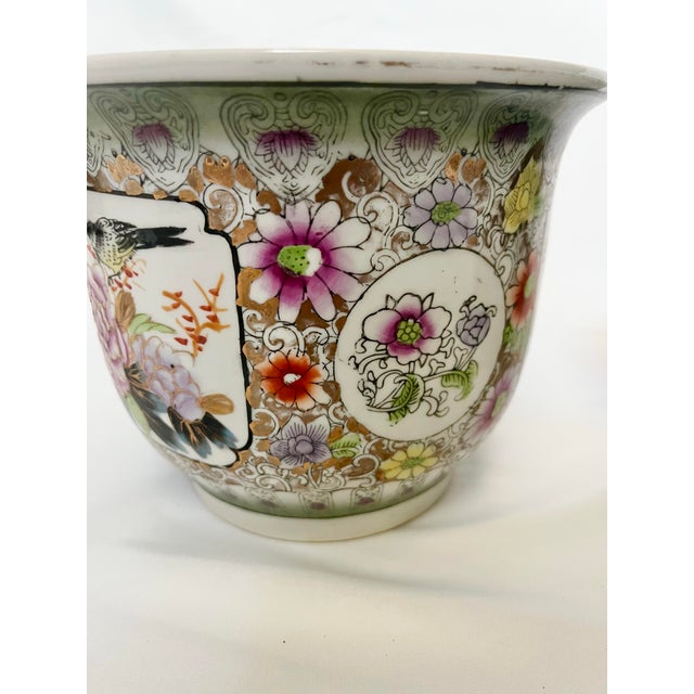 Ceramic Vintage Chinoiserie Floral Cachepot Pair – Hand-Painted Porcelain For Sale - Image 7 of 10