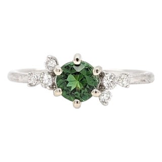 Dainty Green Tourmaline Ring With Natural Diamond Accents in Solid 14k Gold, Size 6.75 For Sale