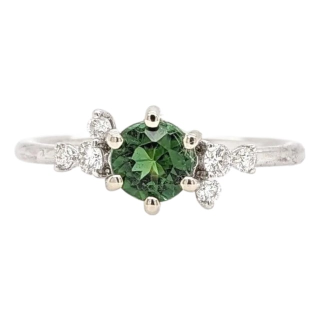 Dainty Green Tourmaline Ring With Natural Diamond Accents in Solid 14k Gold, Size 6.75 For Sale