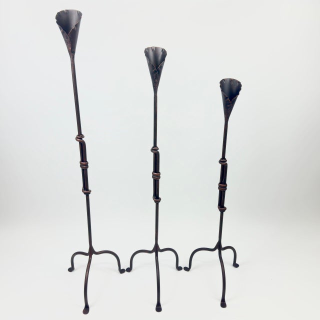 Hand Forged Iron Candelabra Set of 3 (87-107cm) Antique Copper Finish Sculptural Calla Lily Floor Set For Sale - Image 6 of 6