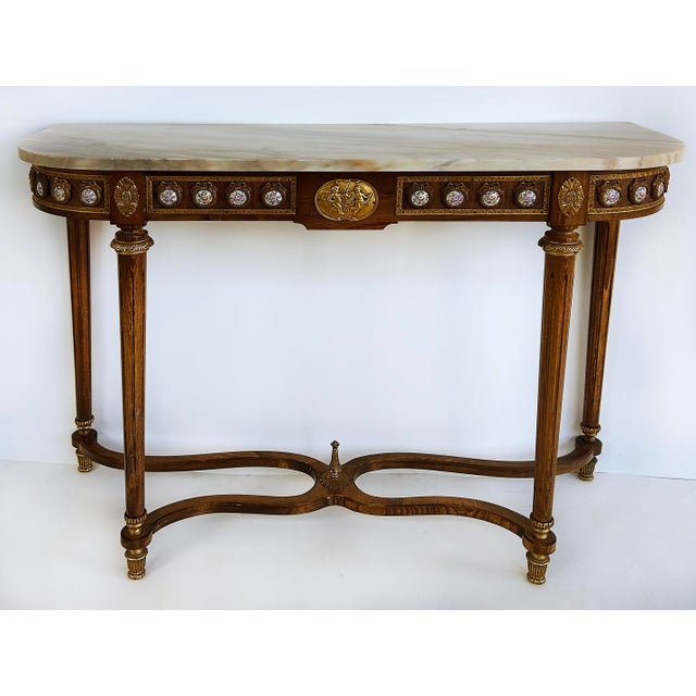 1970s Louis XVI Marble Top Console Table, Gilt Bronze, Porcelain Hand-Painted Plaques For Sale In Miami - Image 6 of 14