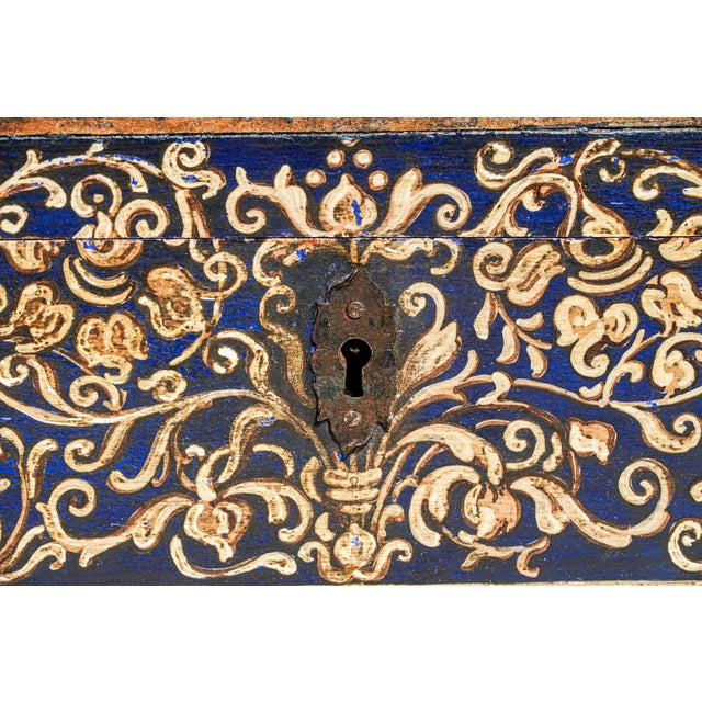 Mediterranean Striking Hand Painted Antique Domed Wood Casket Box With Key Madonna and Child Religious Scene For Sale - Image 3 of 18