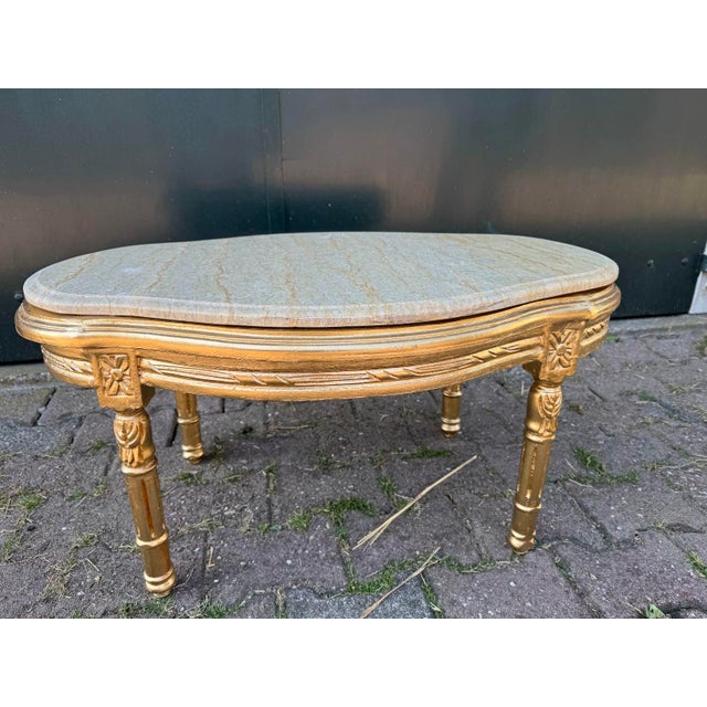 French 1950 French Louis XVI Gold Beech Marble Coffee Table - 1 Pc For Sale - Image 3 of 12