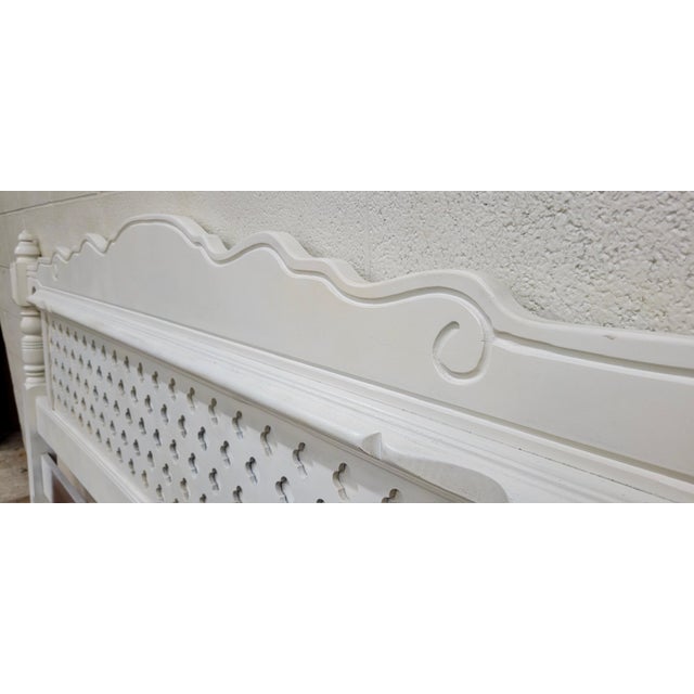This is a gorgeous vintage King sized Boho style white painted lattice headboard with elements of French Provincial...