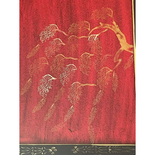 Mid Century Four-Panel Deep Red/Gold Chinoiserie Screen With Decorated Black Boarder For Sale - Image 6 of 18