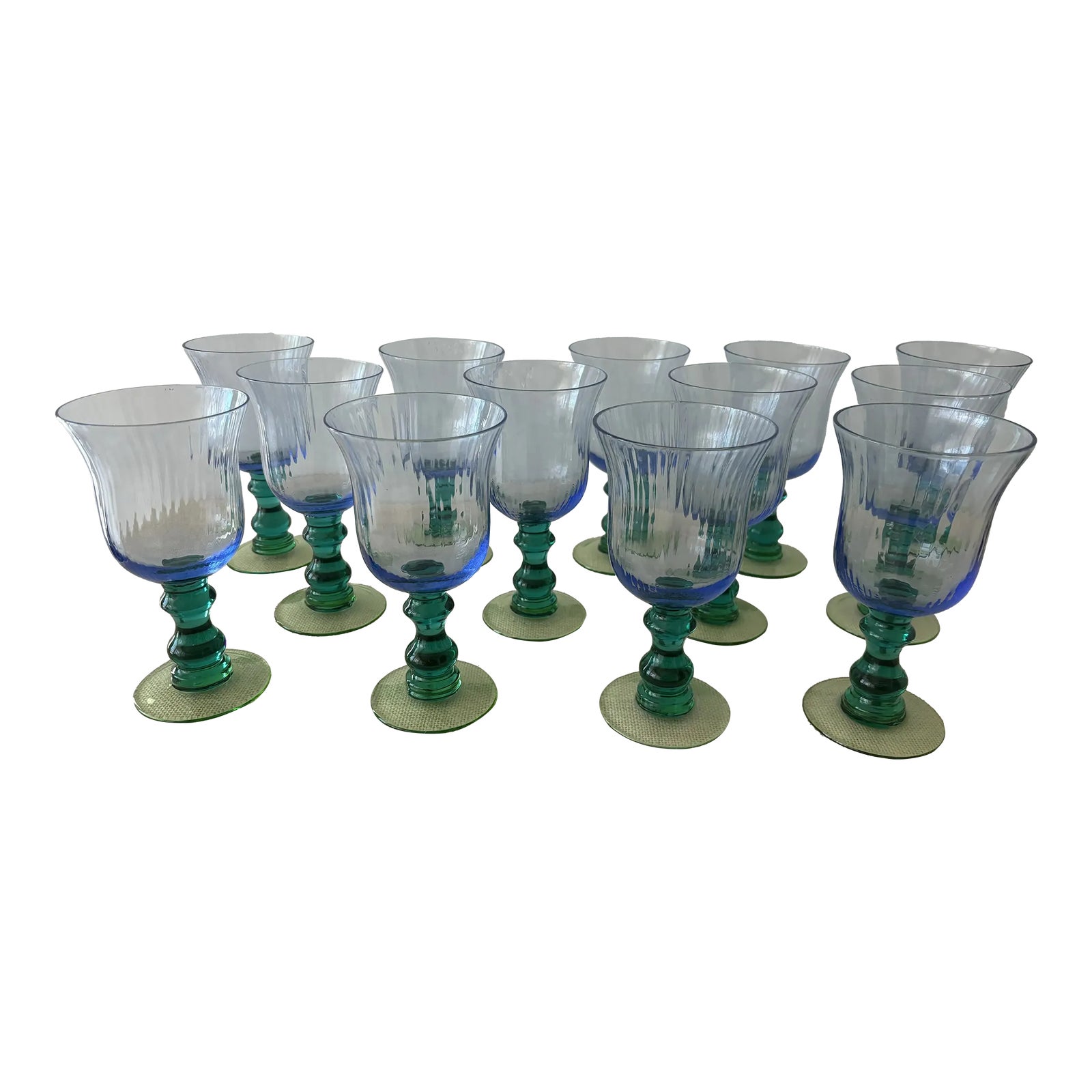 Anthropologie Galleria Wine Water Goblets Glasses Green Blue Optic Swirl-  Set of 13