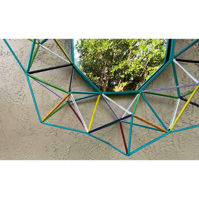 Funky One-of-a-Kind Hand-Painted Geometric Metal Mirror – 3d Sunburst Wall Art For Sale - Image 13 of 18