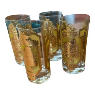 1960s Yellow 22k Gold Signed Culver Glassware Fruit Basket Depiction - Set of 4 For Sale