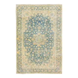 1960s Vintage Persian Distressed Handmade Medallion Blue Wool Rug For Sale