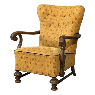 Scandinavian Modern, Lounge Chair, Carved Wood, Fabric, Denmark, 1960s For Sale