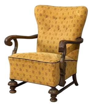 Scandinavian Modern, Lounge Chair, Carved Wood, Fabric, Denmark, 1960s