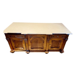 Antique Italian Walnut & Burl Wood Credenza With Carrera Marble Top For Sale