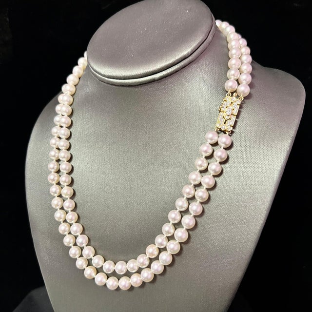 2010s Akoya Pearl Diamond 2-Strand Gold Necklace 7.5 mm 19.25" Certified For Sale - Image 5 of 9