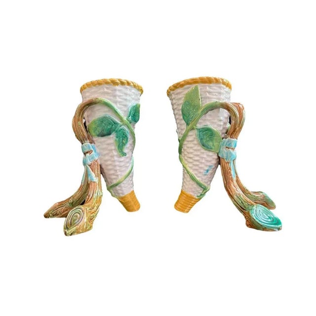 George Jones Majolica Vases White Wicker, Turquoise Lined, English, 1875 - a Pair For Sale - Image 13 of 13