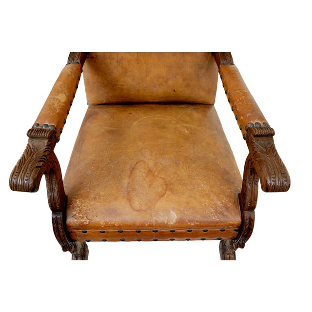 Brown 19th Century Oak and Embossed Leather Armchairs, Set of 2 For Sale - Image 8 of 11