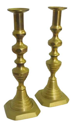 19th Century English Georgian Brass Beehive and Diamond Push-Up Candlesticks- a Pair
