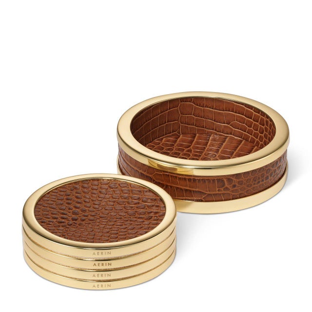 AERIN AERIN Classic Croc Leather Coasters, Chestnut - Set of 4 For Sale - Image 4 of 4