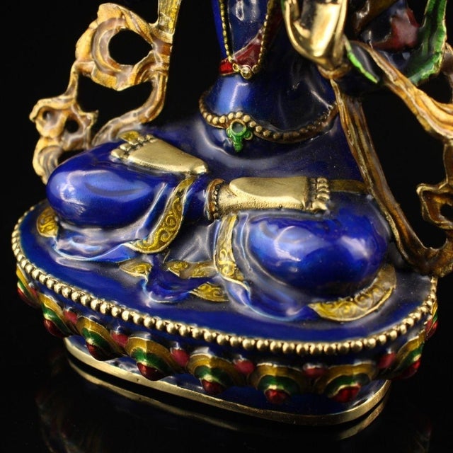 Bronze Vintage Cloisonné Enamel Bronze Manjushri Statue Buddhist Deity Sword 8.3" For Sale - Image 8 of 9