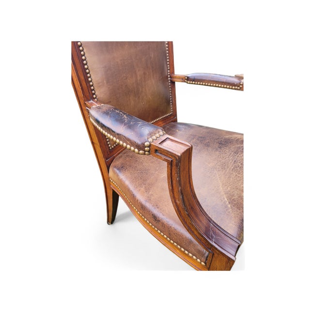 Brown Vintage English Leather and Mahogany Armchair, 1920s For Sale - Image 8 of 18