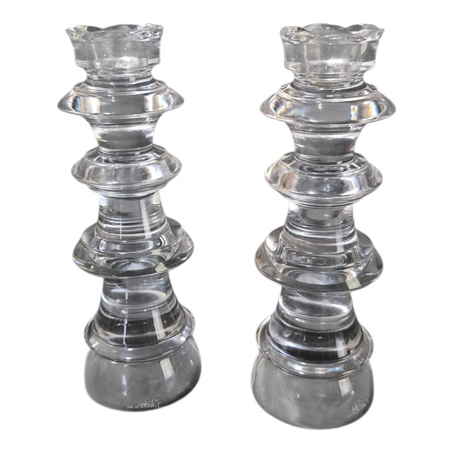 Transparent Vintage Elegant Pair Crystal Candlesticks Stacked Geometric Tower Design Marked For Sale - Image 8 of 8
