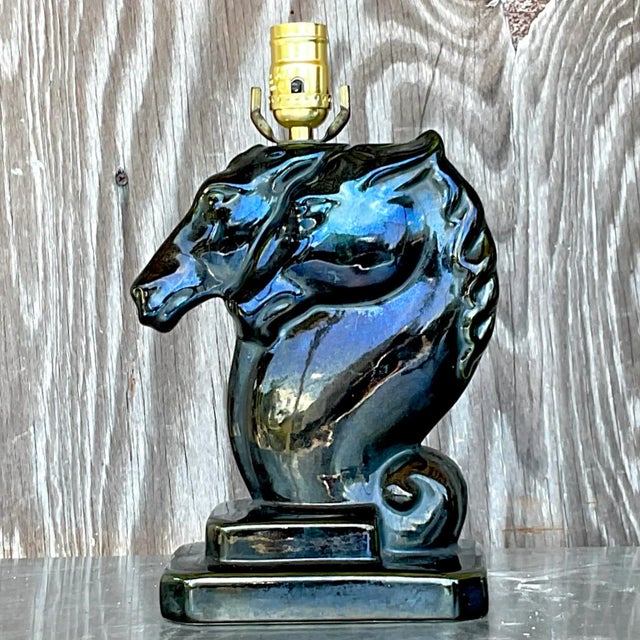 Vintage Blue Glazed Double Horse Head Lamp For Sale In West Palm - Image 6 of 13