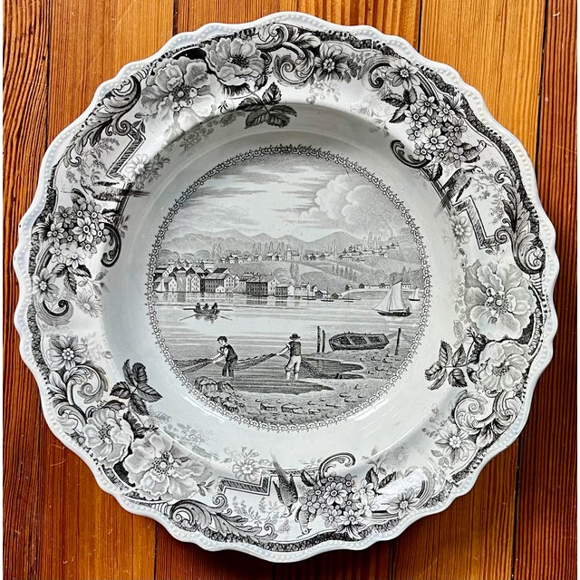 Brown Antique 19th Century English Staffordshire Clews Historical Brown Transferware Soup Plate Picturesque Views Hudson, New York & Hudson River For Sale - Image 8 of 12