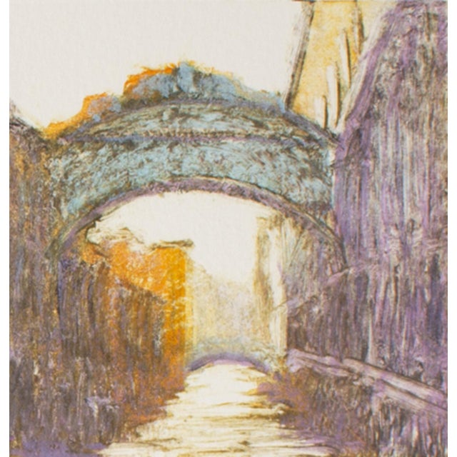 A monoprint with watercolor by the American artist David Allen Dunlop (born 1951). Titled "Sighs, Venice," this colorful...