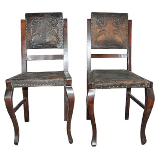 Set of Antique Embossed Leather Dining Chairs, 1900s For Sale