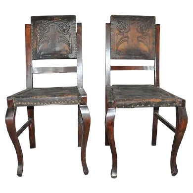 Set of Antique Embossed Leather Dining Chairs, 1900s For Sale