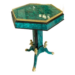 French-Inspired Geometric Center Table – Green Marbled Finish, Gold Leaf Trim & Sculptural Gilded Details For Sale