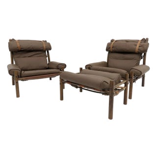 Arne Norell ‘Inca’ Leather Chairs and Ottoman, 1970 For Sale