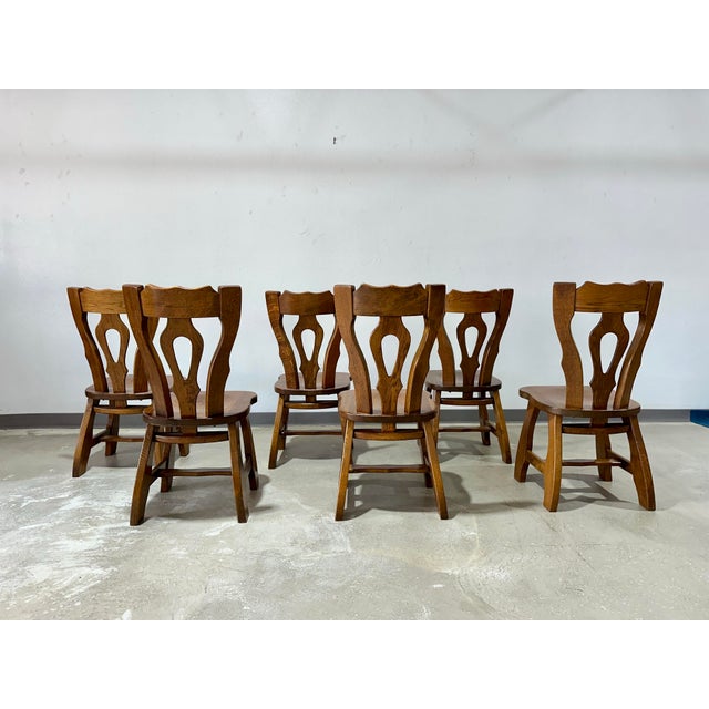 Vintage Oak Brutalist Dining Chairs, Set of 6 circa 1970’s, in the style of Guillerme et Chambron, Maker Unknown....