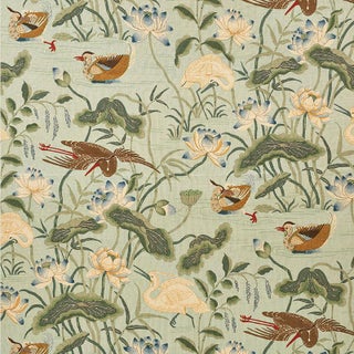 Sample- Schumacher Lotus Garden Fabric in Aqua For Sale