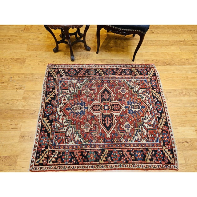 Tribal Vintage Persian Heriz Serapi Area Rug, Handwoven Geometric Pattern, Brick Red & Ivory, 4’ X 4’ For Sale - Image 3 of 12