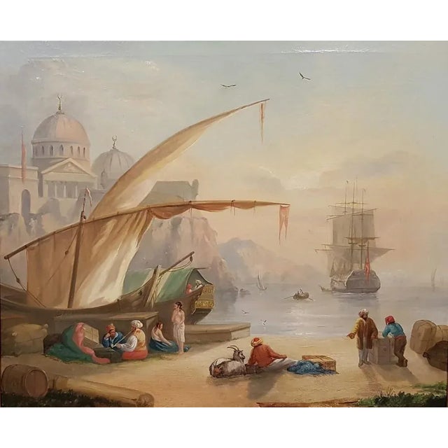 Harbor View with Merchants and a Mosque - 19th Century - Painting - Modern For Sale - Image 4 of 4