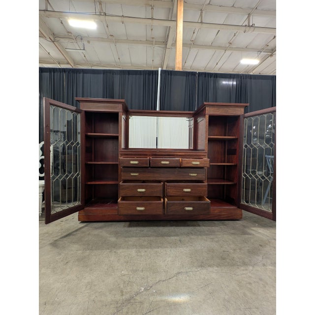 Solid Mahogany Entertainment Wall Unit With Leaded Glass Display Cabinets and 8 Drawers For Sale - Image 4 of 5
