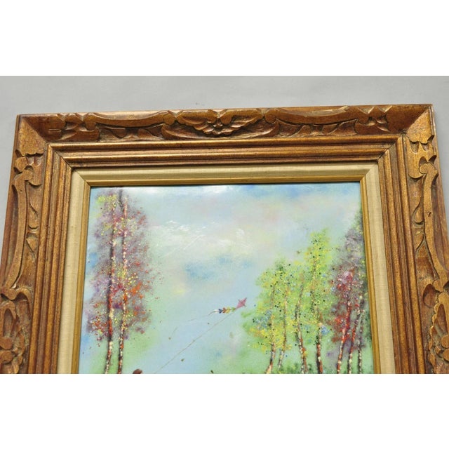 Green Vintage Louis Cardin Enamel on Copper Painting Framed "Woman With Boys & Kite" For Sale - Image 8 of 16